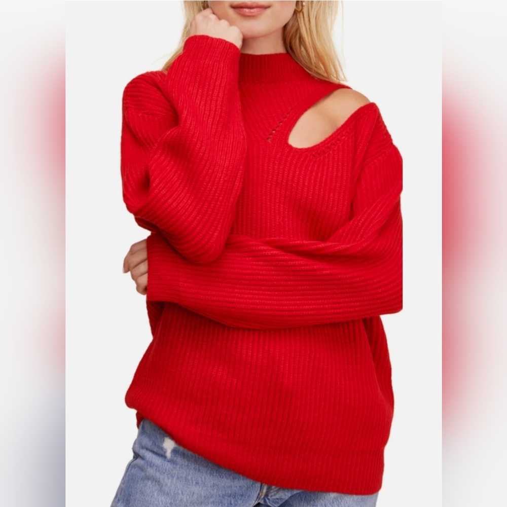 ASTR the Label LEFT SHOULDER CUTOUT COZY RED MOCK NECK KNIT SWEATER.